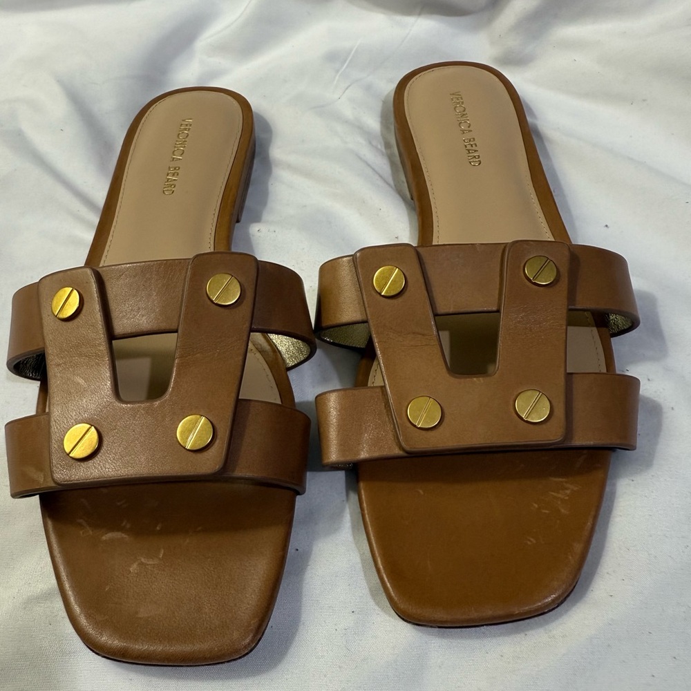 Veronica Beard Brown Leather Slide Sandals with Gold Studs